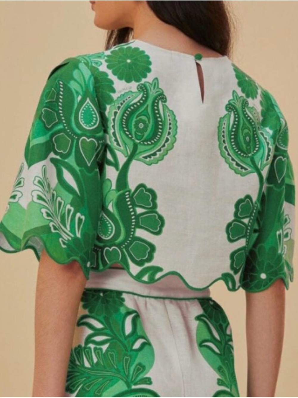 New W/ Tags FARM Rio Green Festival Floral Linen Scalloped Cropped Blouse XS - Picture 8 of 10